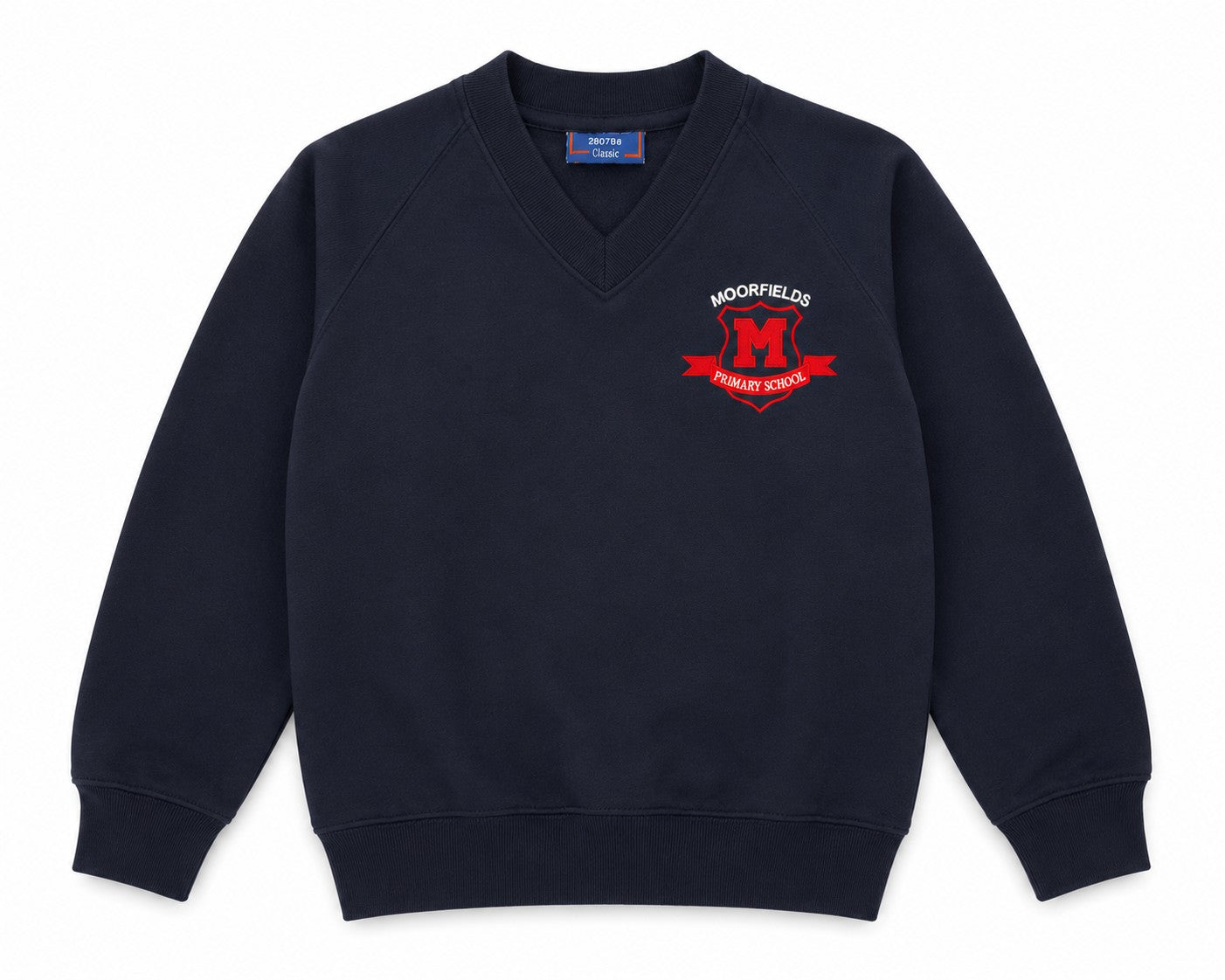 navy v neck sweatshirt for moorfields primary school