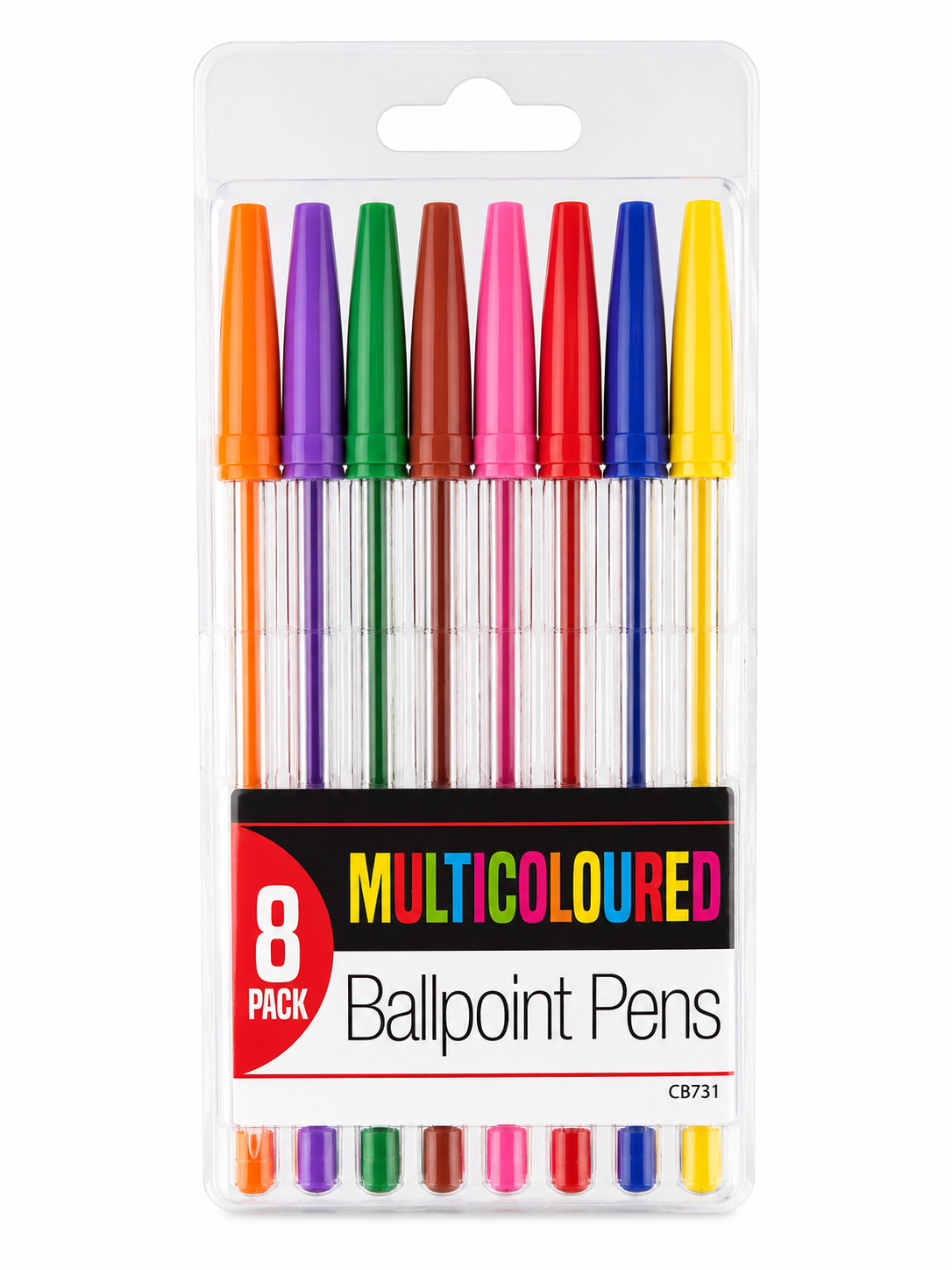 An 8-pack of multicolored ballpoint pens in a clear plastic blister pack with a white backing card. The pens have orange, purple, green, brown, pink, red, blue, and yellow caps, with a black label reading '8 PACK MULTICOLOURED Ballpoint Pens'.