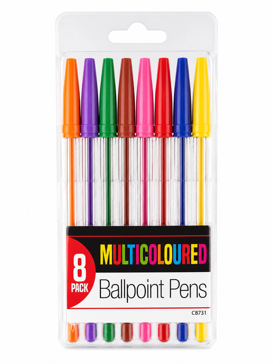 An 8-pack of multicolored ballpoint pens in a clear plastic blister pack with a white backing card. The pens have orange, purple, green, brown, pink, red, blue, and yellow caps, with a black label reading '8 PACK MULTICOLOURED Ballpoint Pens'.