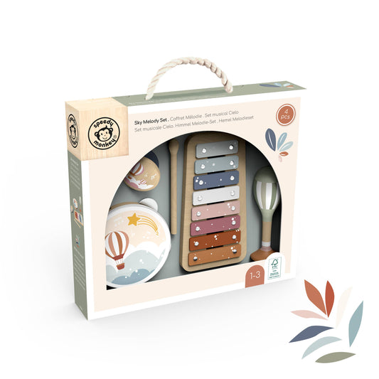 Wooden xylophone toy set in a decorative box with colorful design elements.