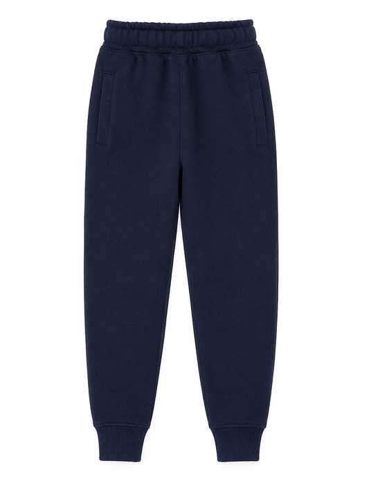 A pair of navy blue sweatpants with an elastic waistband, side pockets, and ribbed ankle cuffs, shown against a plain white background.