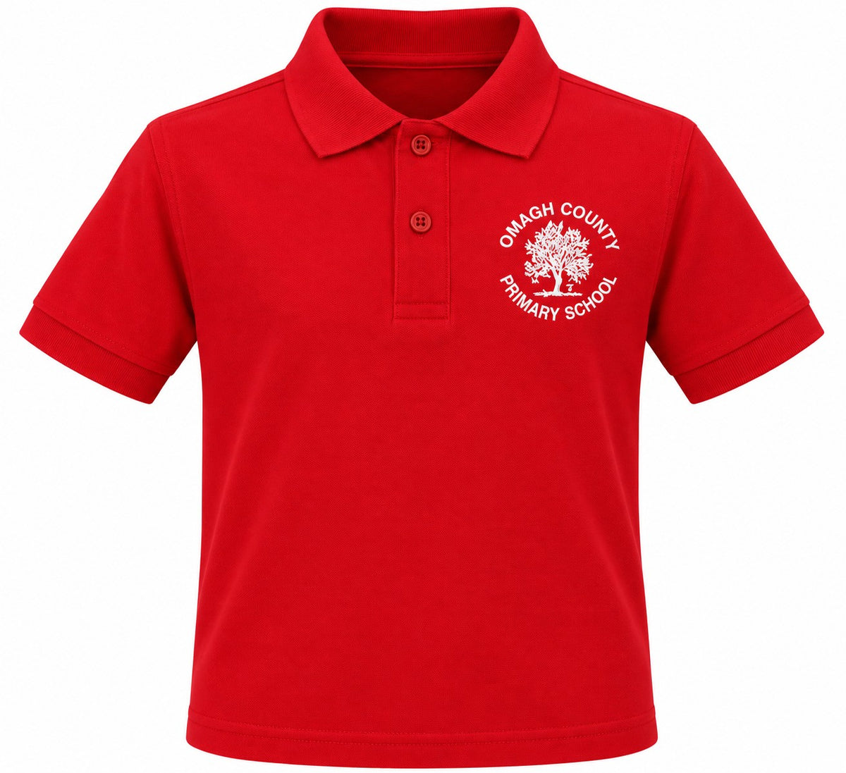 A red short-sleeve polo shirt with a three-button placket and a white embroidered logo on the left chest reading 'Omagh County Primary School' with a tree graphic.