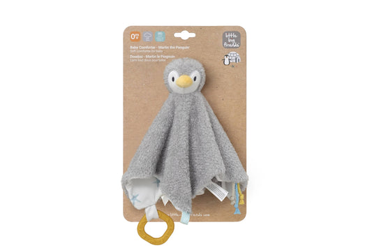 Gray baby comfort blanket with yellow teether on a cardboard backing