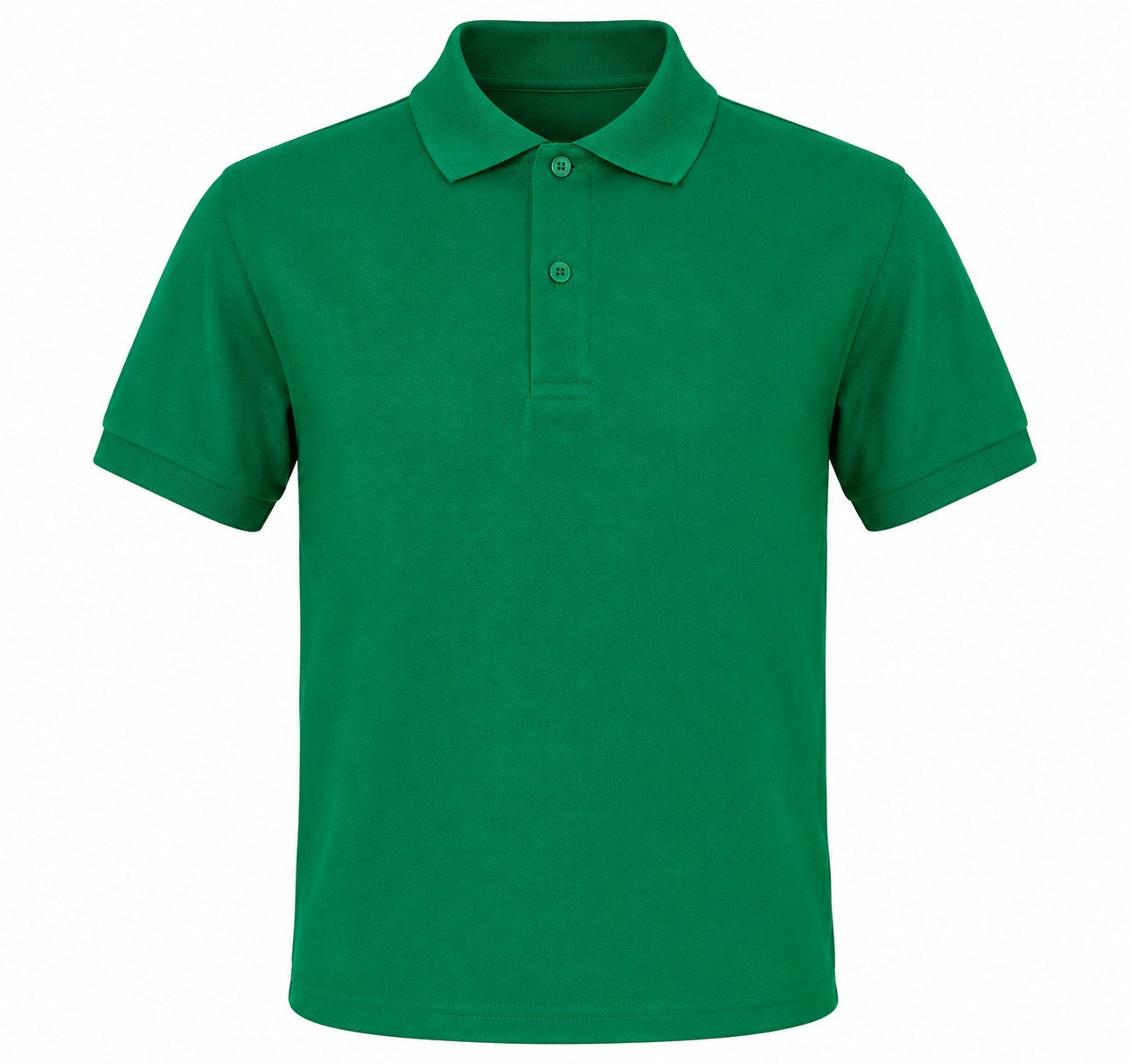 A green short-sleeve polo shirt with a two-button placket, displayed on a clean white background.