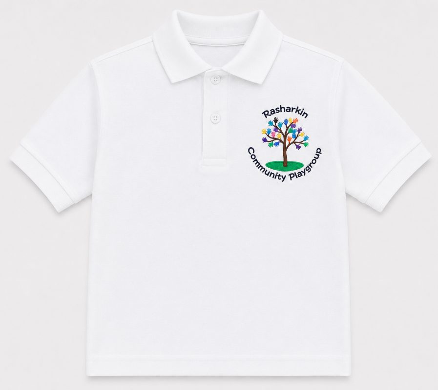 rasharkin community playgroup white logo with embroidered school crest