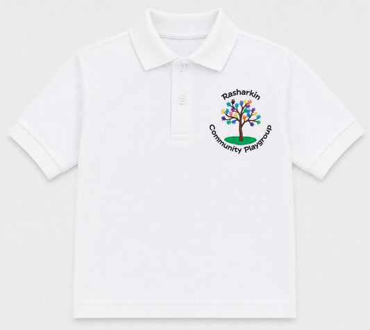 rasharkin community playgroup white logo with embroidered school crest