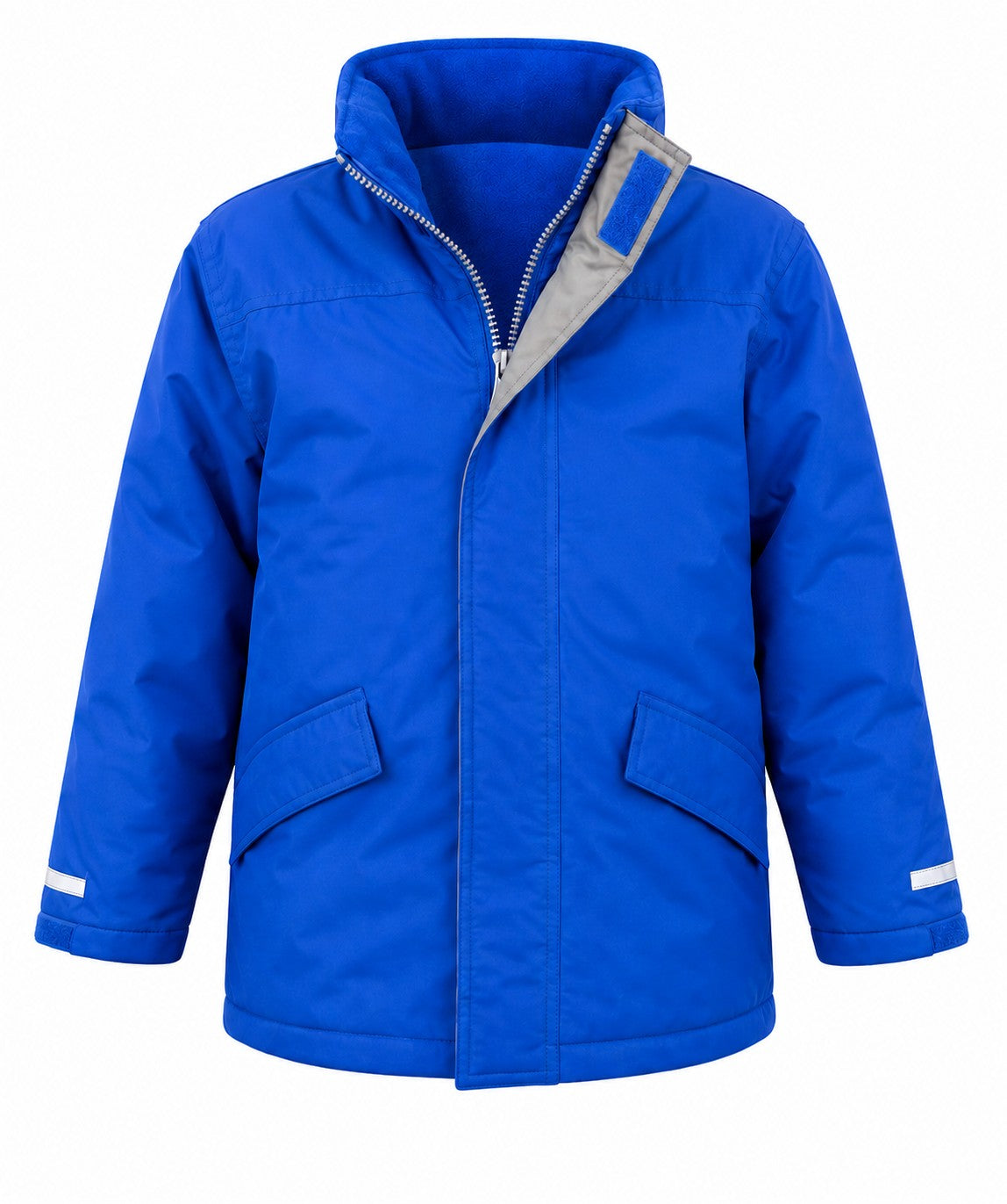 A bright blue children's winter jacket with a gray inner collar lining, front zipper, and two front flap pockets, shown on a plain white background.