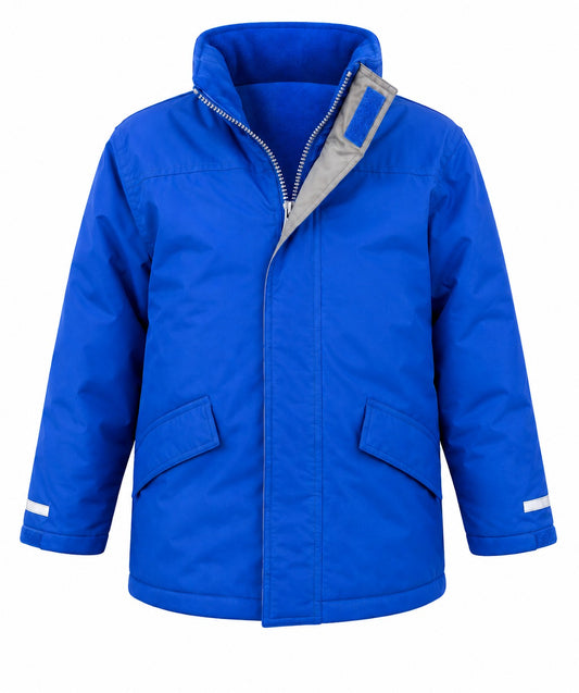 A bright blue children's winter jacket with a gray inner collar lining, front zipper, and two front flap pockets, shown on a plain white background.