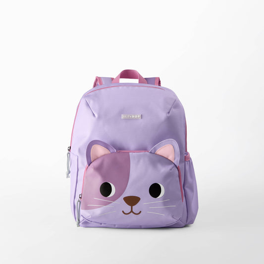A light purple kids' backpack with a cat face graphic on the front pocket.