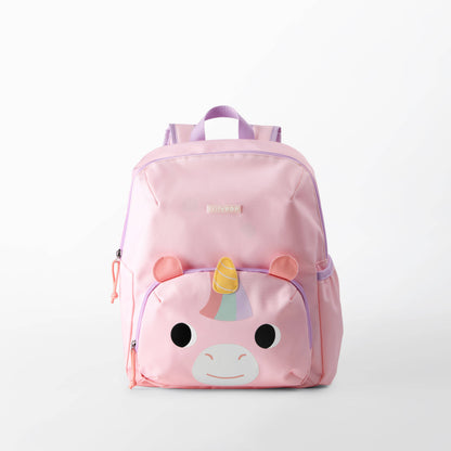 A pink children's backpack featuring a cute cartoon unicorn face on the front pocket, 
