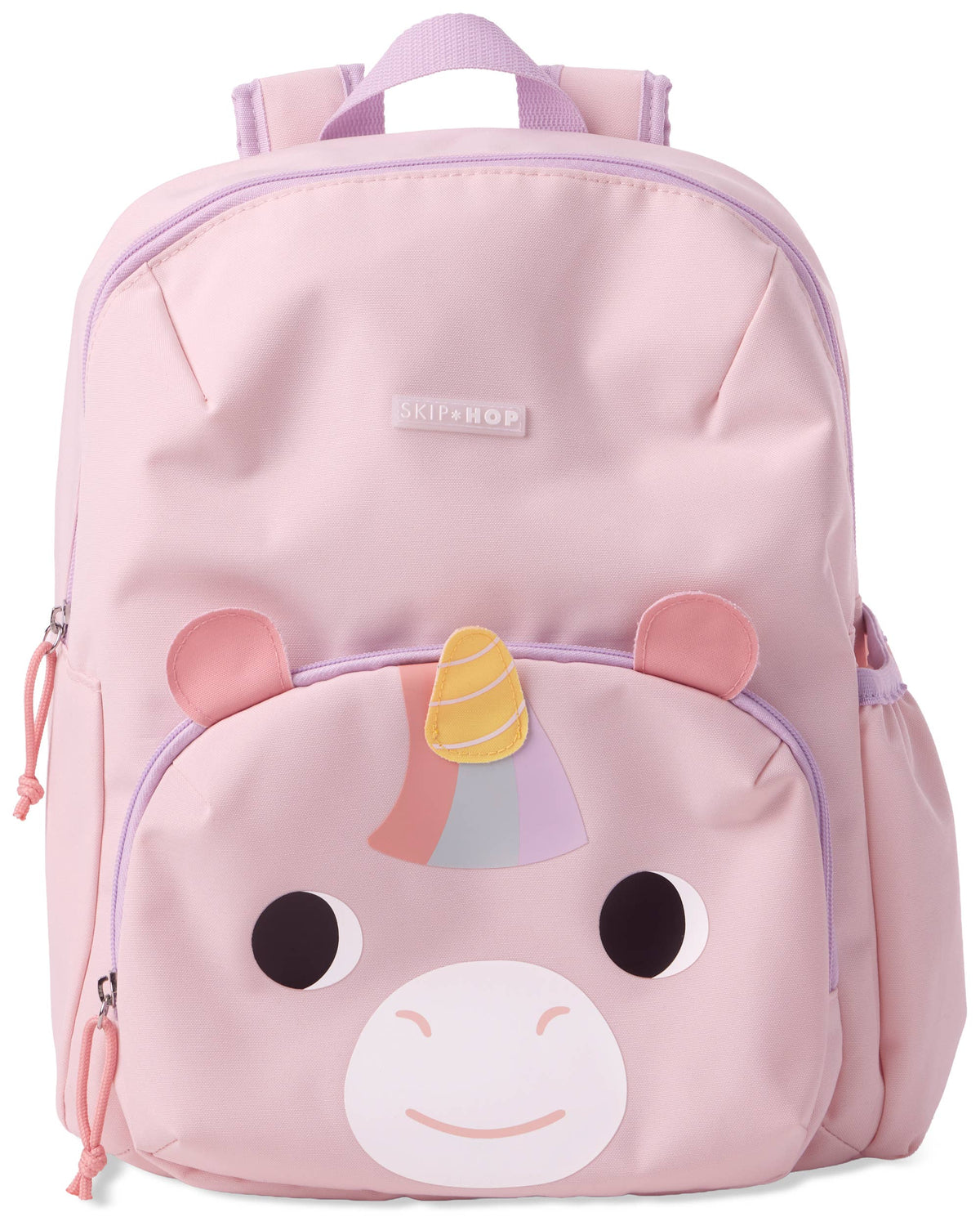 A pink children's backpack with a cute unicorn face design on the front pocket. The backpack features a lavender zipper, top handle, and side pockets
