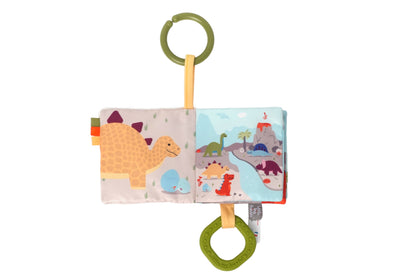 Baby toy with colorful pages and green rings on a white background