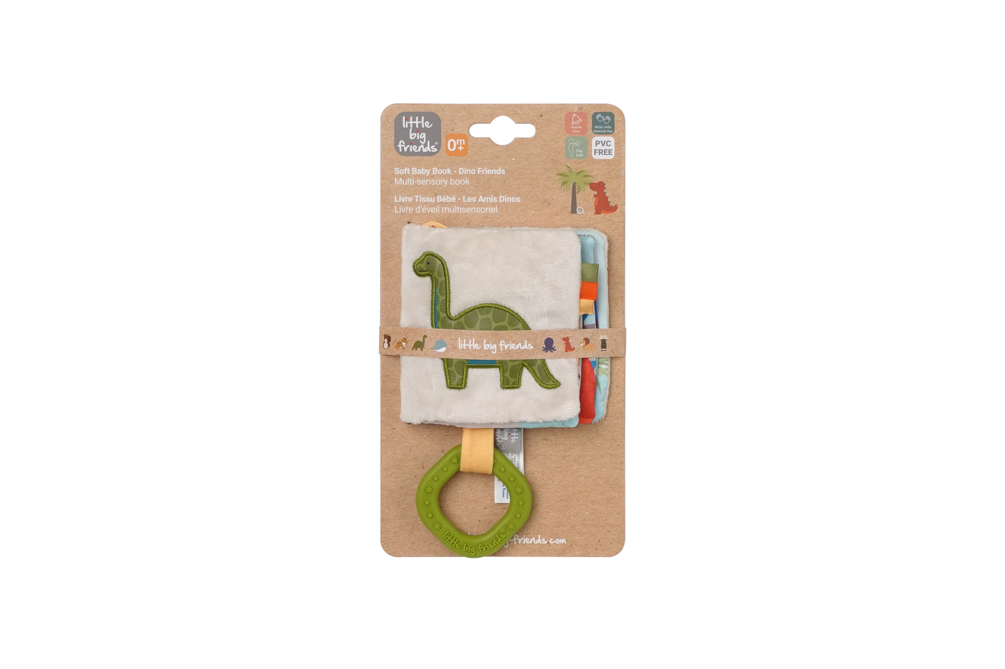 Baby teether with dinosaur design in packaging on a white background