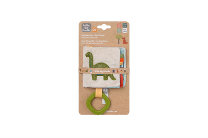 Baby teether with dinosaur design in packaging on a white background