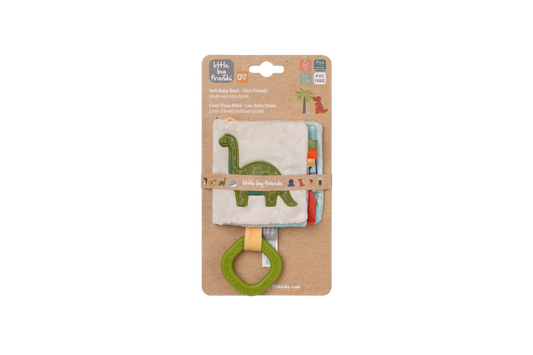 Baby teether with dinosaur design in packaging on a white background