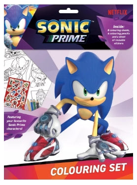 Sonic Prime Colouring Set packaging featuring Sonic the Hedgehog artwork, with a blue character illustration, red and white sneakers, and a visible Netflix logo at the top.