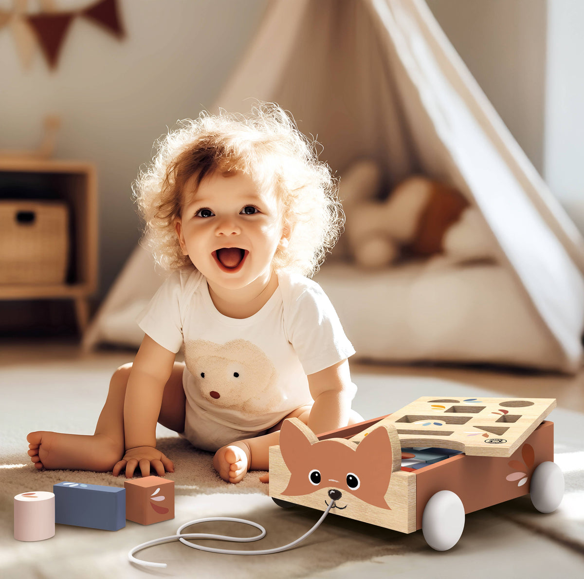 Child playing with a wooden toy in a cozy room