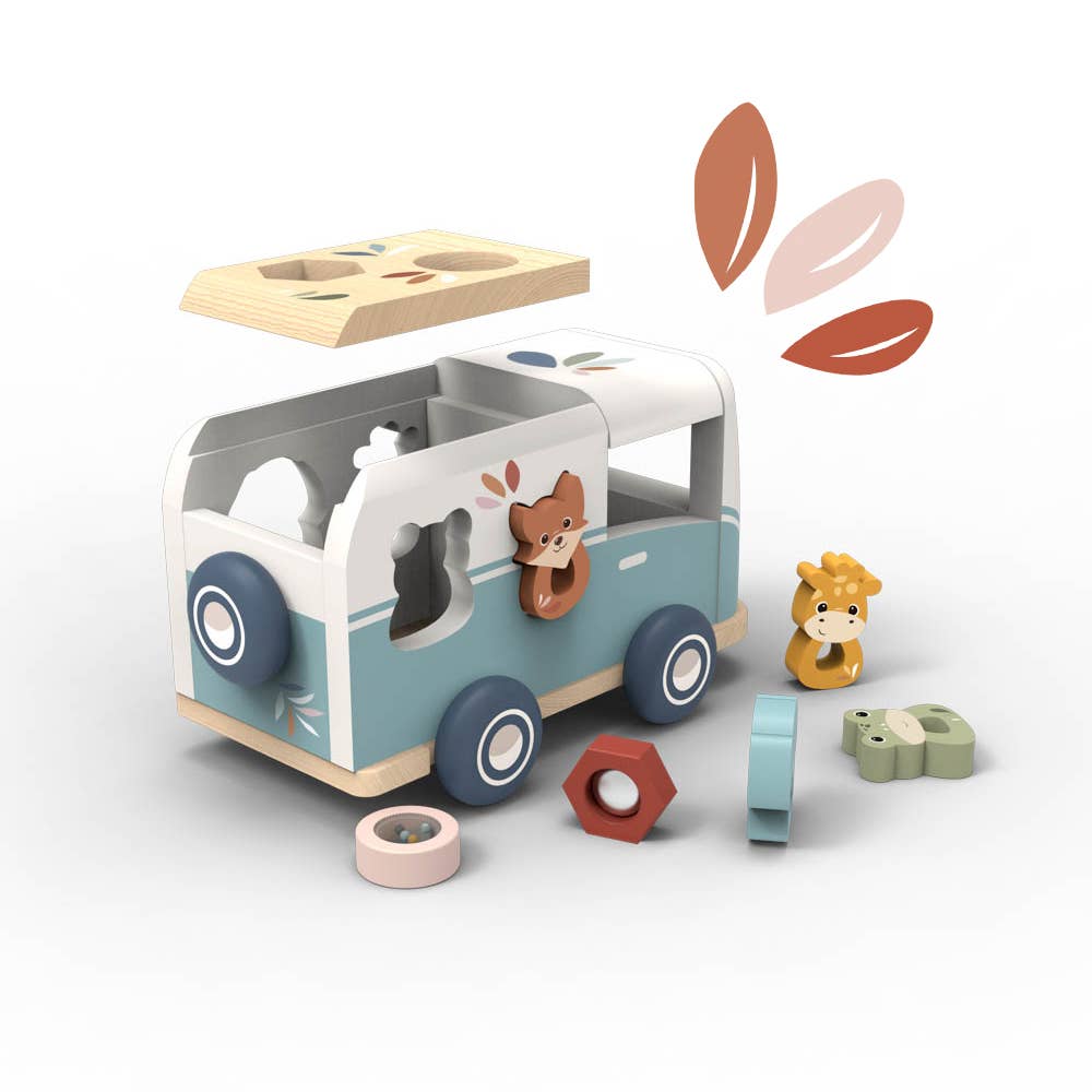 Wooden toy van with shape sorting elements on a white background