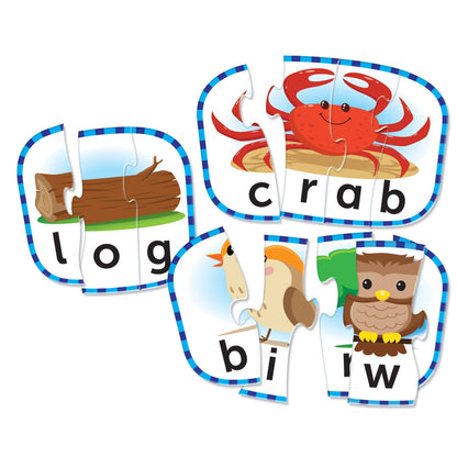 Educational puzzle with animal-themed pieces and letters on a white background