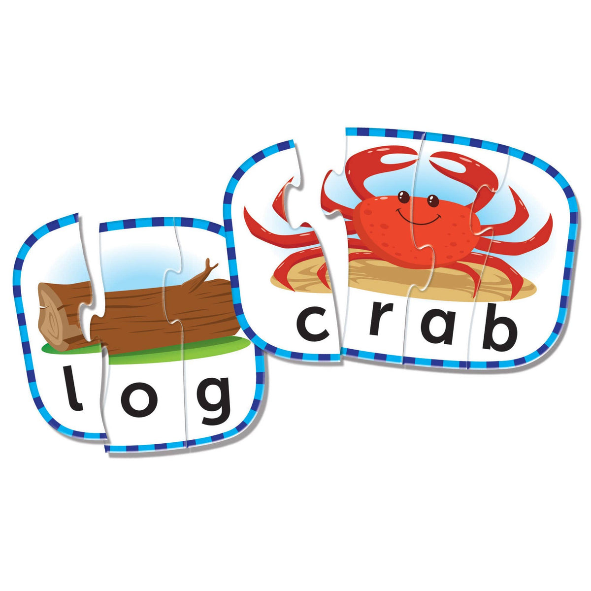 Children's puzzle with 'log' and 'crab' pieces on a white background