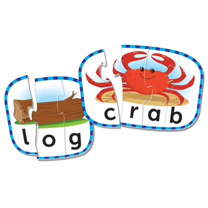 Children's puzzle with 'log' and 'crab' pieces on a white background