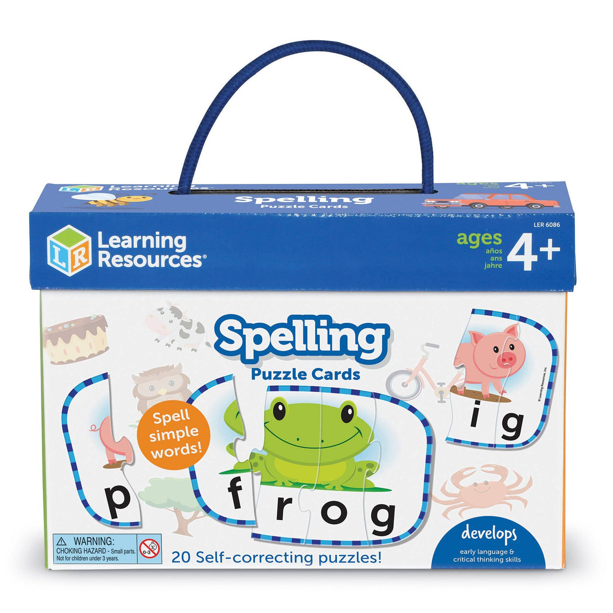 Learning Resources spelling puzzle cards packaging with a blue handle on a white background