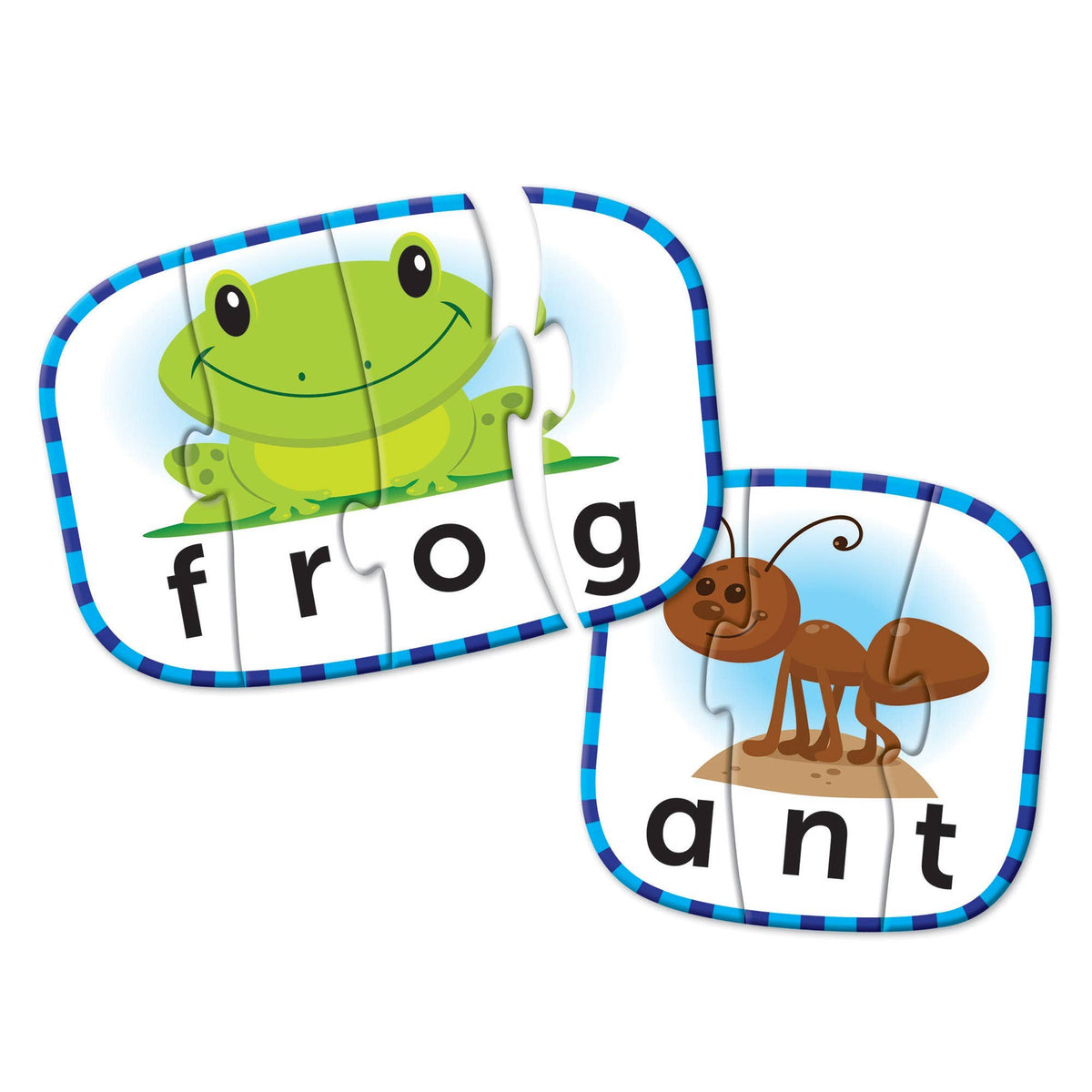 Two educational puzzles with a frog and an ant on a white background