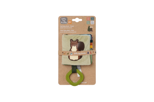 Teething ring with animal design on a cardboard packaging against a white background