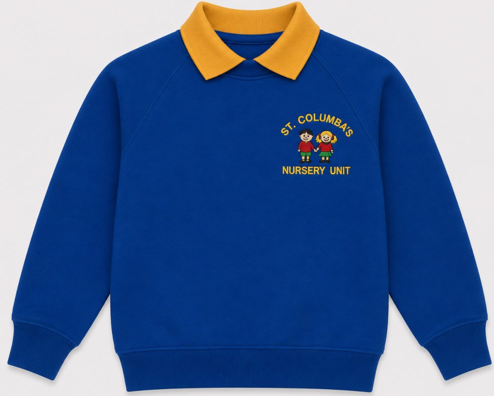 royal blue sweatshirt for st columbas nursery unit embroidered with the school crest