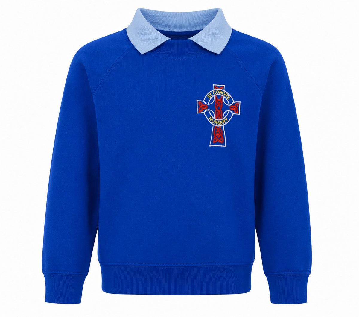 A royal blue crewneck sweatshirt with a light blue collar with st conor's nursery omagh logo