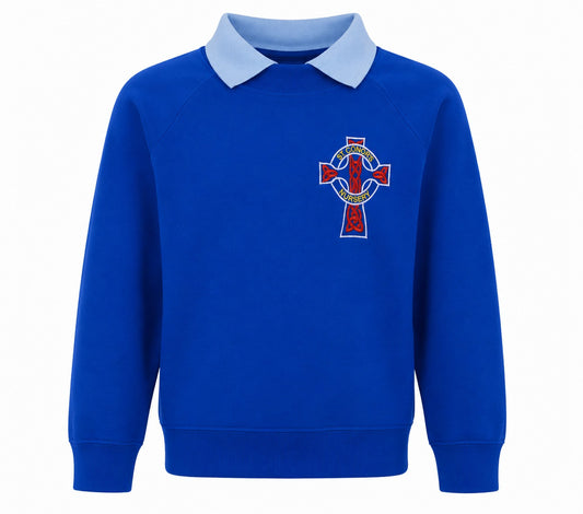 A royal blue crewneck sweatshirt with a light blue collar with st conor's nursery omagh logo