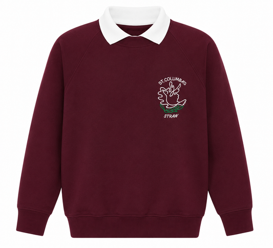 burgundy crew neck sweatshirt with the logo for st columbas primary school straw