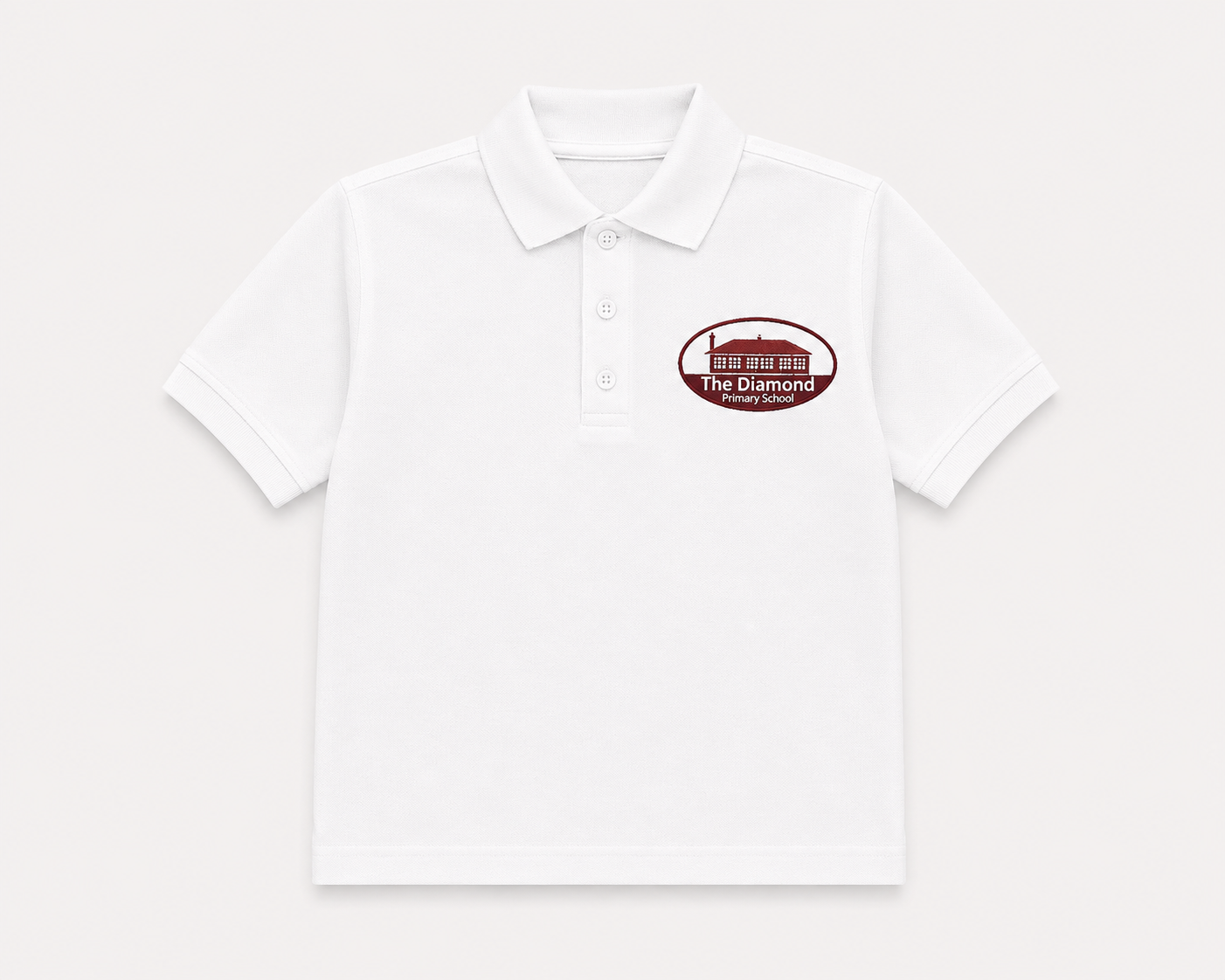 white banner polo embroidered with the diamond primary school cullybackey logo