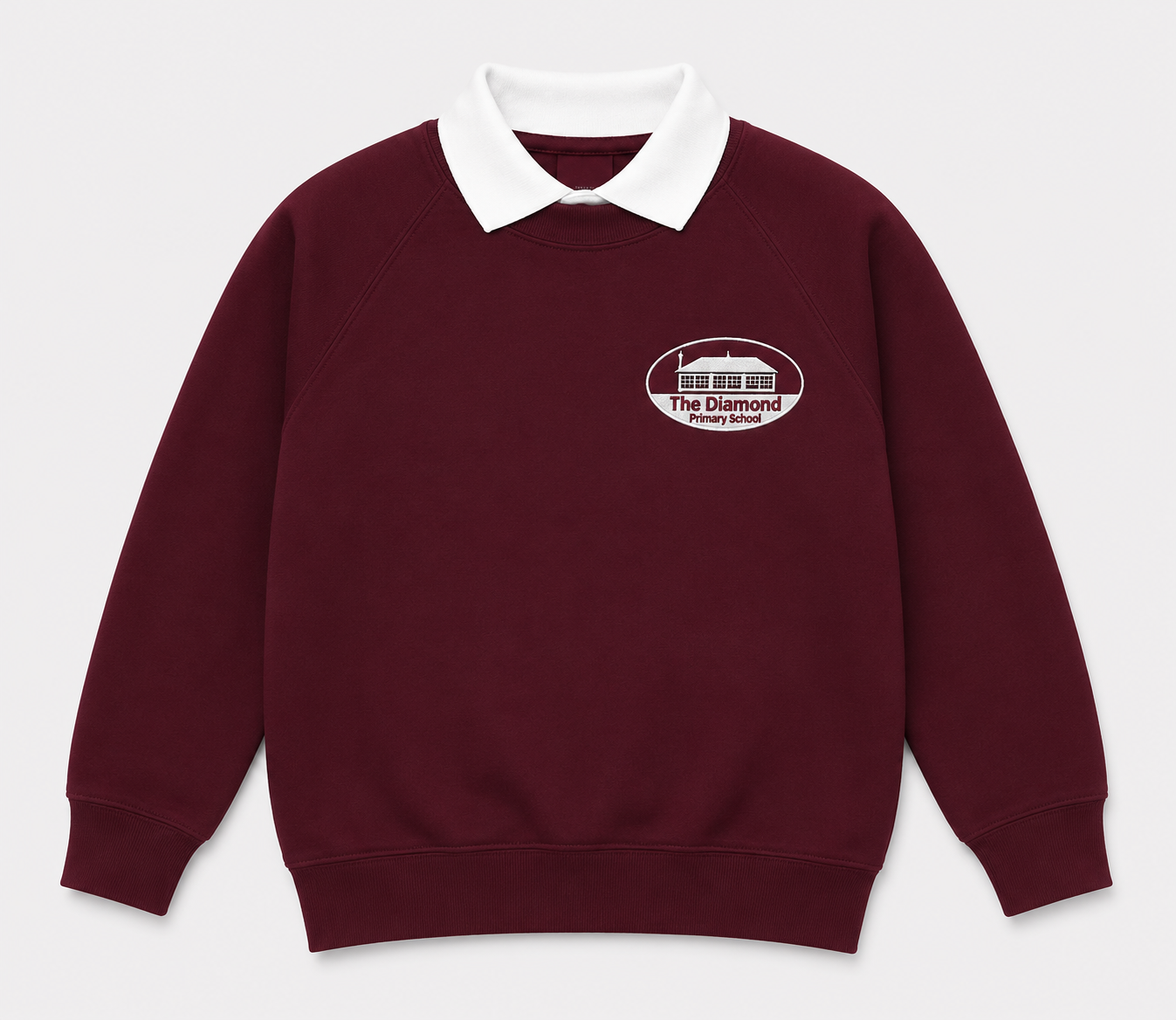 burgundy sweatshirt with the diamond primary school cullybackey logo embroidered on left chest

