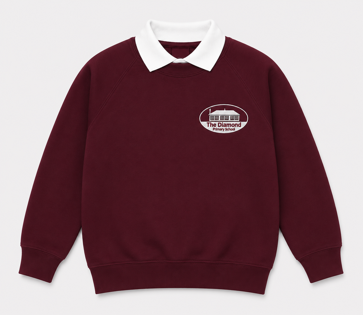 burgundy sweatshirt with the diamond primary school cullybackey logo embroidered on left chest
