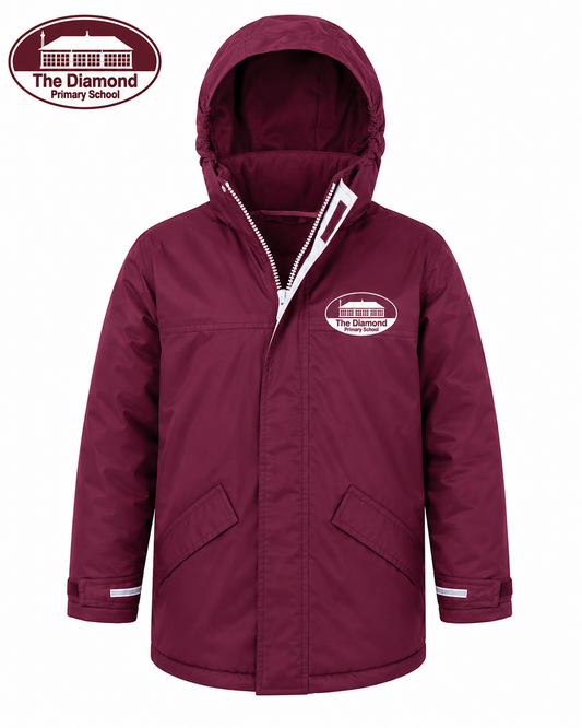A burgundy hooded rain jacket with a front zipper, zippered pockets, and white reflective striping on the cuffs and collar. The jacket features a printed logo for 'The Diamond Primary School' on the left chest and a larger version of the logo is shown as an overlay in the top-left corner.