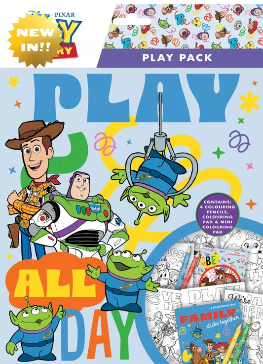 Disney Pixar Toy Story 'All Day Play Pack' coloring book cover featuring Woody, Buzz Lightyear, and Alien characters with colorful 'PLAY ALL DAY' text and a preview of included coloring pages and crayons.