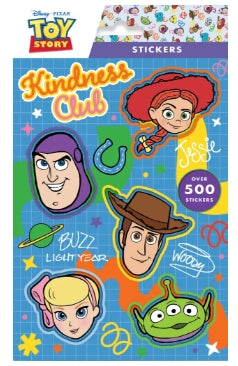 Toy Story Kindness Club sticker sheet featuring Buzz Lightyear, Woody, Jessie, Bo Peep, and Alien, with a blue grid background and a purple 'Stickers' banner.