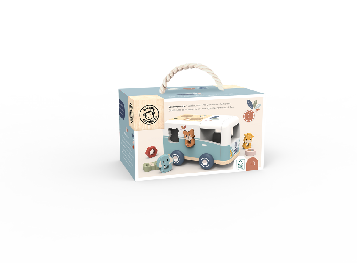 Wooden toy van with packaging on a white background