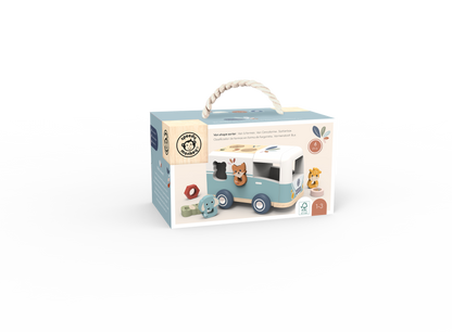 Wooden toy van with packaging on a white background