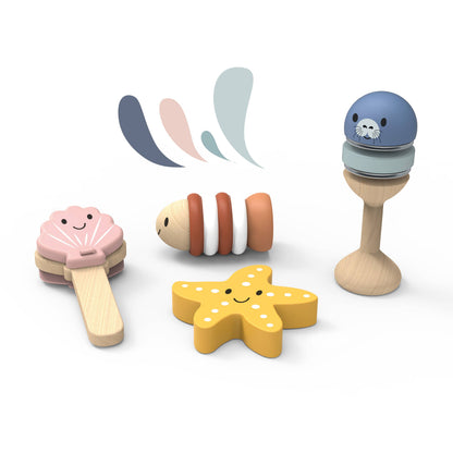 Set of colorful wooden toys including a shell, caterpillar, starfish, and a stand with a blue ball on a white background.