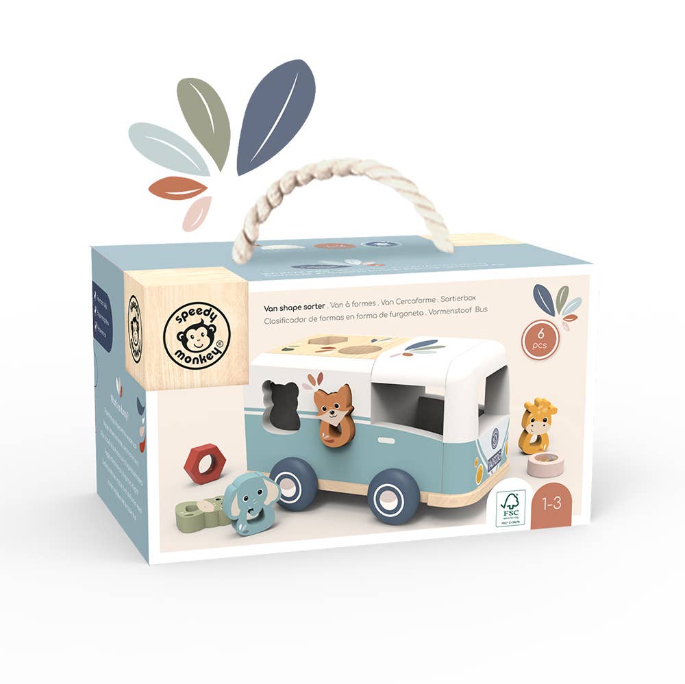 Toy packaging with a wooden vehicle and animal figures on a white background